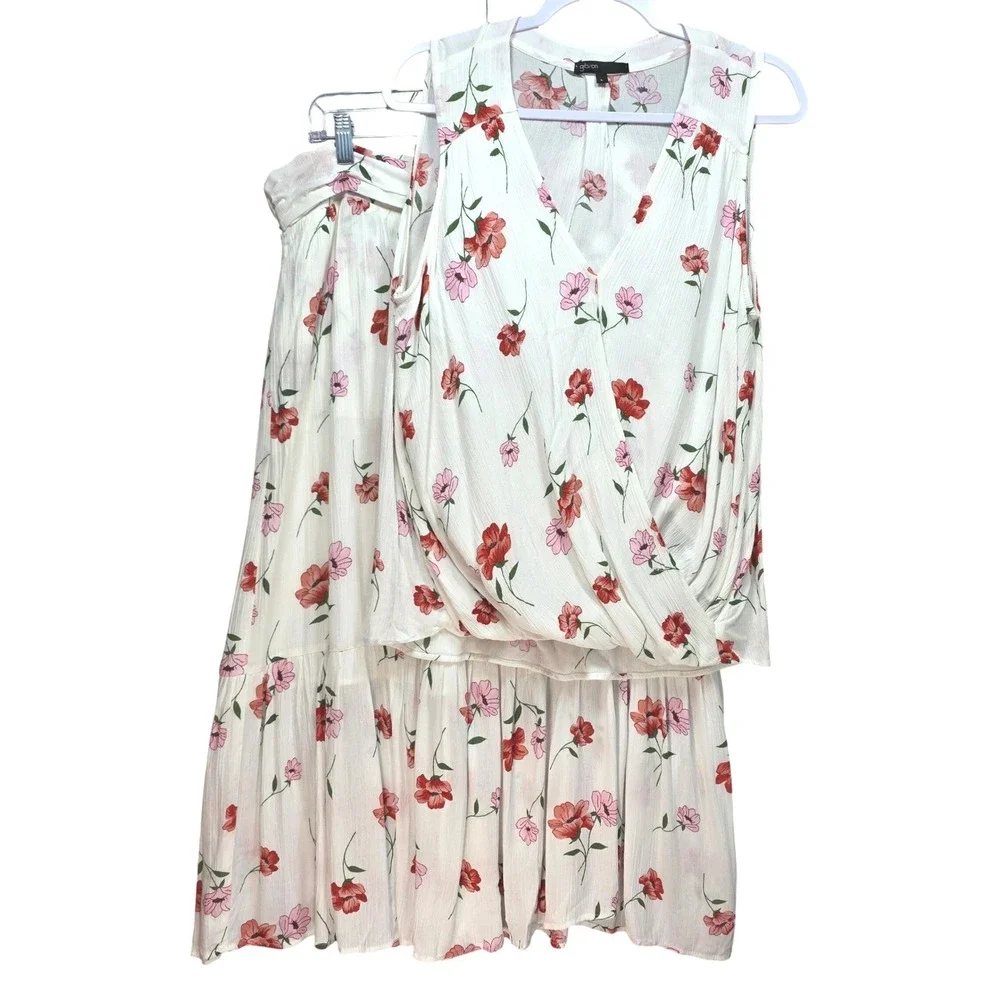 Floral Gauzy Two Piece Set Surplice Top L Tiered‎ Maxi Skirt XL Bow Wrap White